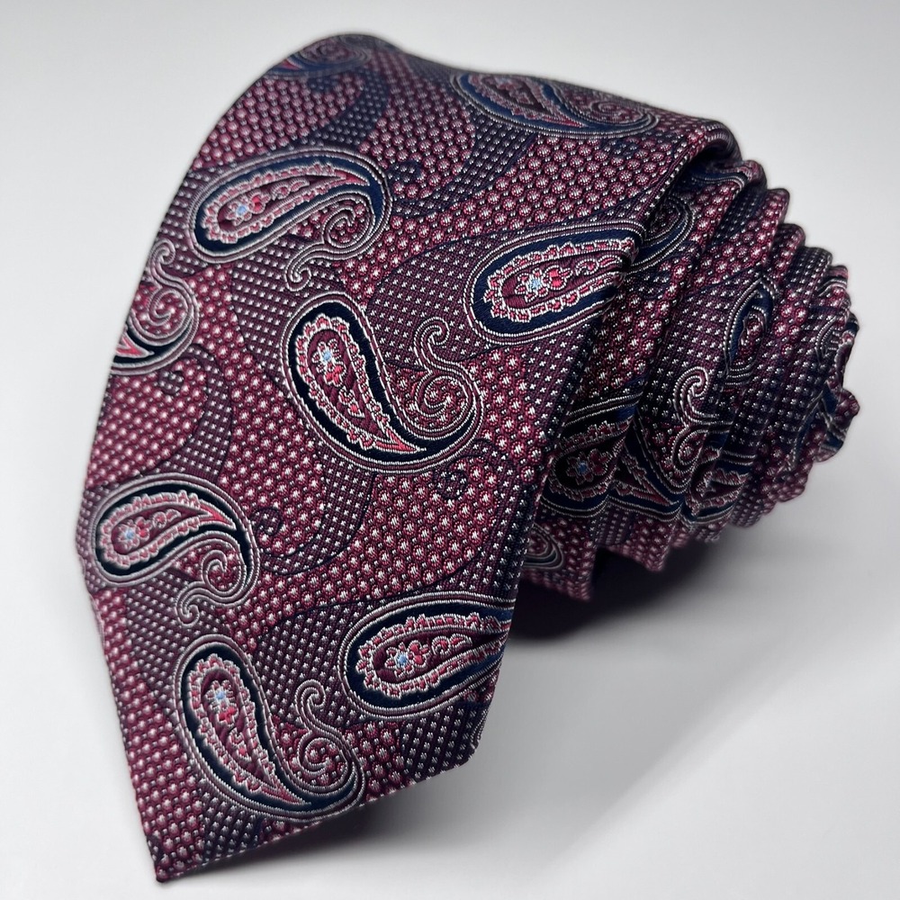 Broletto Silk Men's Skinny Necktie Jacquard‎ Paisley Red Navy